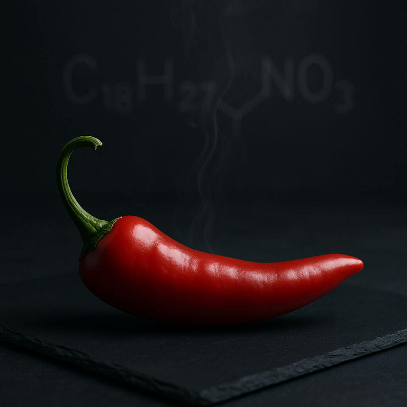 Illustration of chili peppers and the capsaicin molecule
