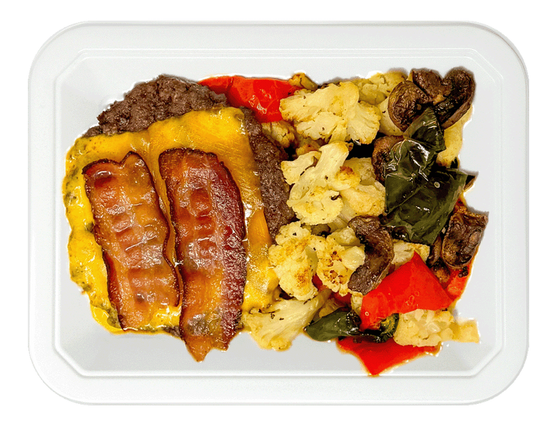 Protein-Style Bacon Cheddar Burger & Roasted Veg