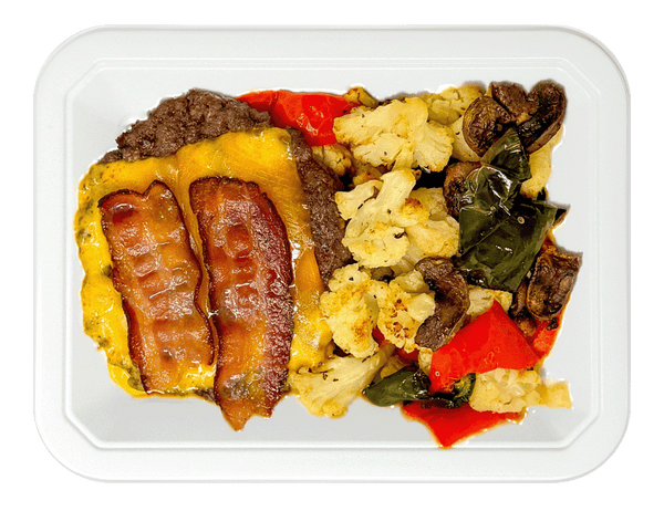 Protein-Style Bacon Cheddar Burger & Roasted Veg